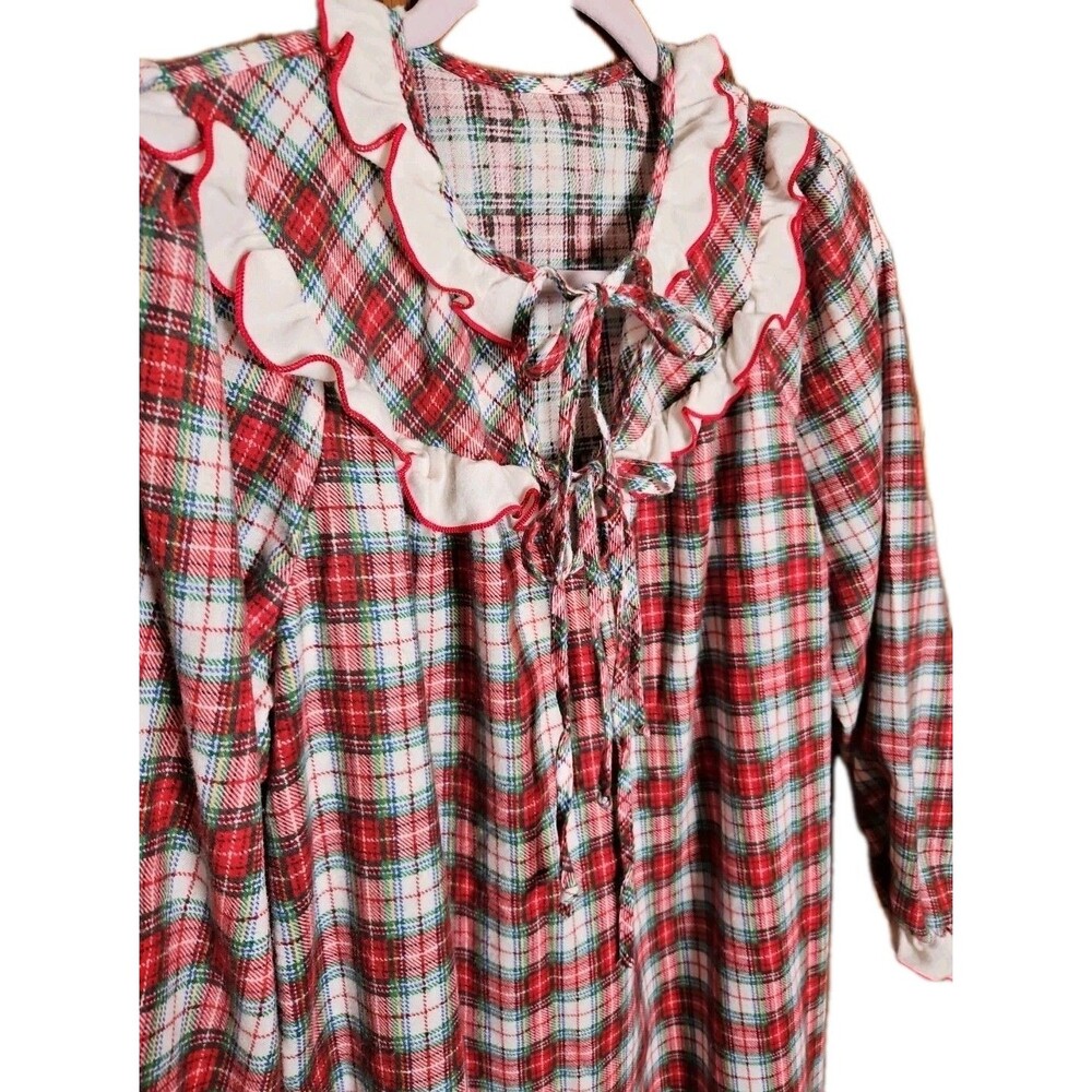 Vintage Sears Red/Green/White Plaid Flannel Ruffle Nightgown, Size Medium